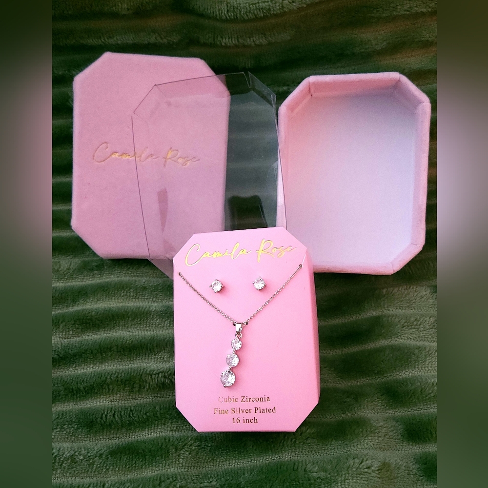 NEW! Camila Rose Cubic Zirconia Fine Silver Plated 16" Necklace and Earring Set. - Picture 9 of 12